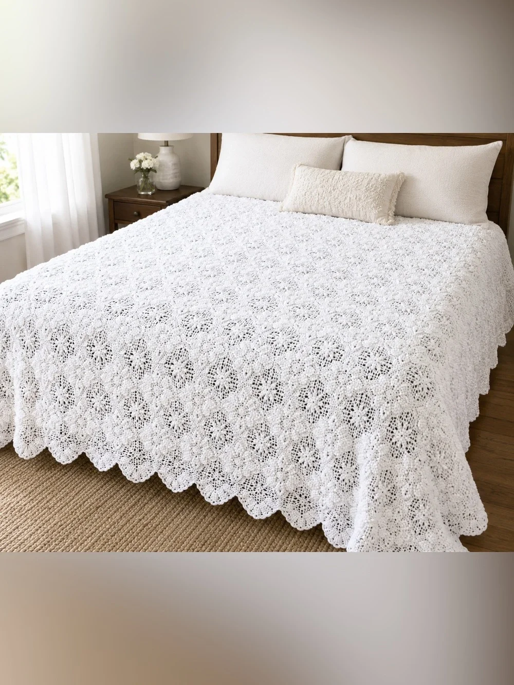 White Popcorn Crochet Bedspread Queen King 110x105 Cottagecore Farmhouse